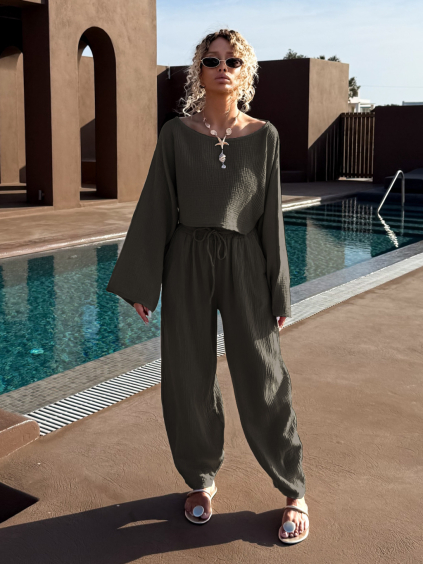 Šedohnědý mušelínový crop top VHAGAR s dlouhým rukávem