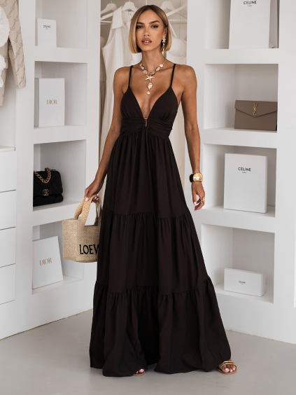 Tmavě hnědé letní dlouhé maxi šaty OPALINE