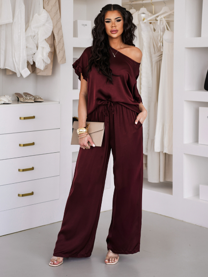 Vínové široké saténové kalhoty PULSINA