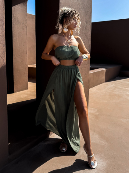 Khaki mušelínová dlouhá letní sukně CARAXE s rozparky