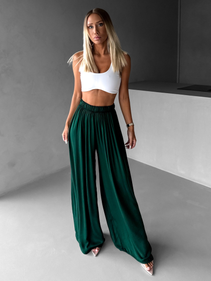 Smaragdové široké volné dlouhé kalhoty OLVIRA