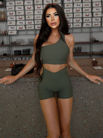 Khaki sportovní žebrovaná asymetrická podprsenka ENETEL