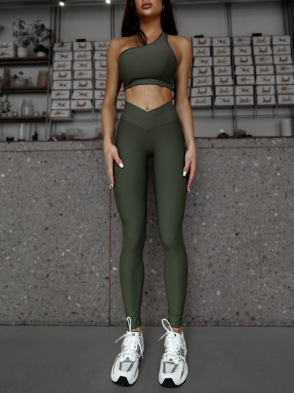 Khaki sportovní dlouhé žebrované legíny TONKA