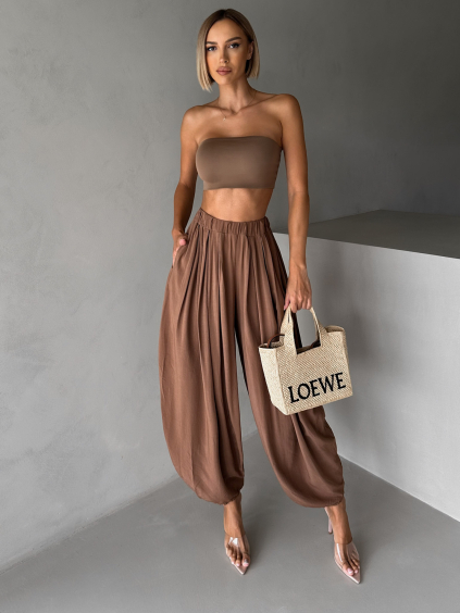 Hnědé široké harémky vzdušné kalhoty MYRAEL