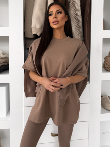 Hnědé bavlněné basic tričko LOVETE s krátkým rukávem