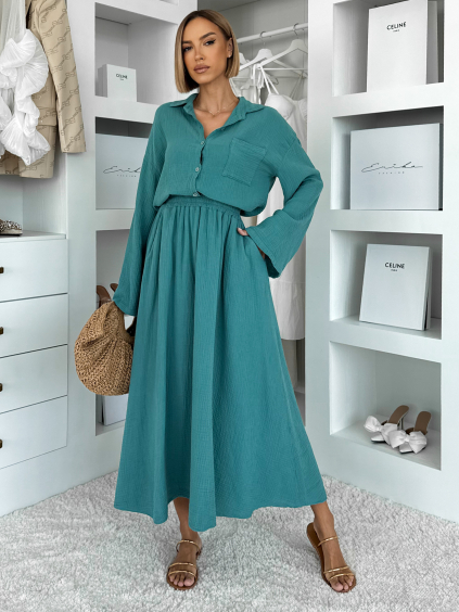 Tyrkysový mušelínový košilový komplet BELIANE se sukní