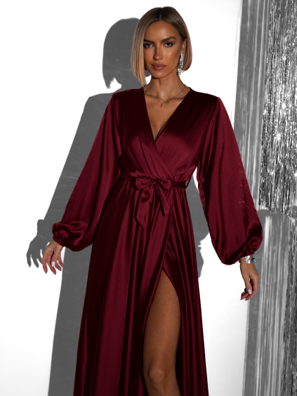 Vínové elegantní šaty WOMAN s dlouhým rukávem