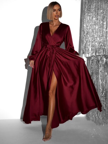 Vínové elegantní šaty WOMAN s dlouhým rukávem