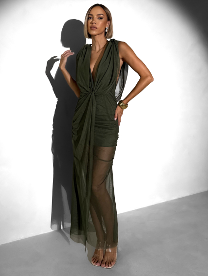 Khaki tylové dlouhé šaty FALDARY