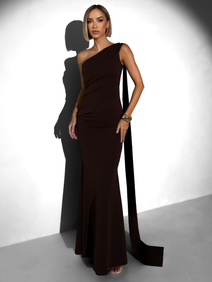 Hnědé elegantní dlouhé šaty ELANESSE s vlečkou