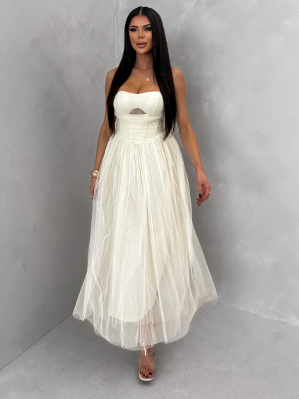 Krémové společenské tylové midi šaty SOLAVIE