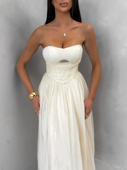 Krémové společenské tylové midi šaty SOLAVIE