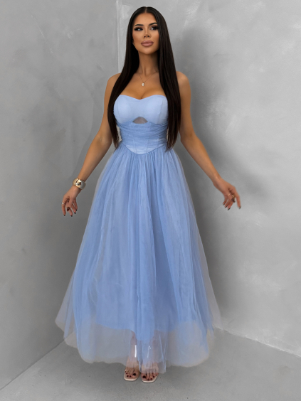 Modré společenské tylové midi šaty SOLAVIE