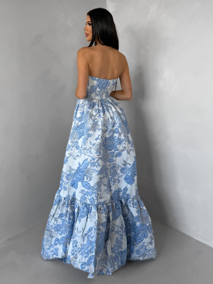 Modré společenské dlouhé šaty VENOLIA s květinovým vzorem