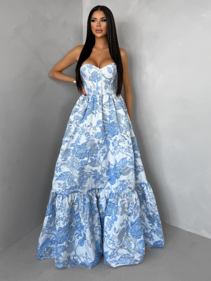 Modré společenské dlouhé šaty VENOLIA s květinovým vzorem