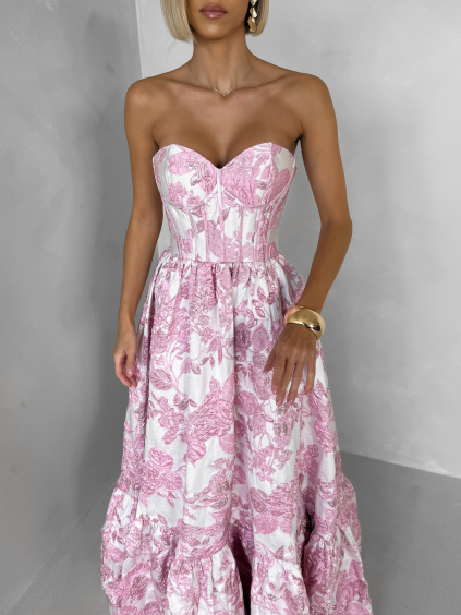 Růžové společenské dlouhé šaty VENOLIA s květinovým vzorem