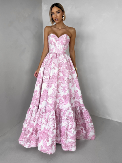 Růžové společenské dlouhé šaty VENOLIA s květinovým vzorem