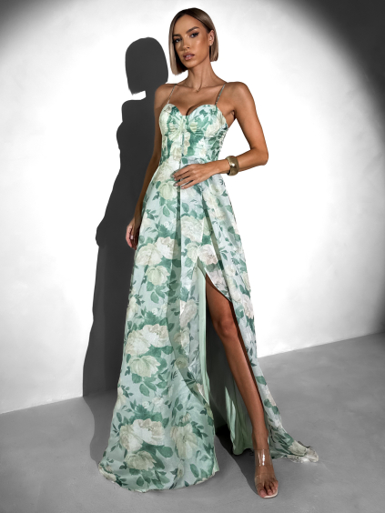 Světle zelené společenské korzetové šaty SEVARON s rozparkem