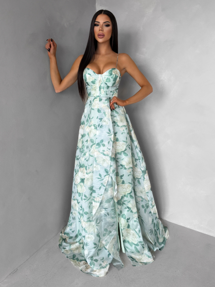 Světle zelené společenské korzetové šaty SEVARON s rozparkem