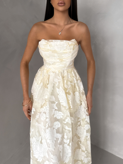 Vanilkové plesové dlouhé šaty MIRELLE s květinovým vzorem