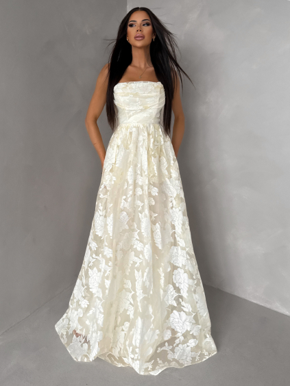 Vanilkové plesové dlouhé šaty MIRELLE s květinovým vzorem