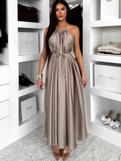 Tmavě béžové dlouhé lesklé šaty MADES se zavazováním