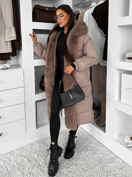 Béžová dlouhá prošívaná zimní bunda TAREVO s kožíškem