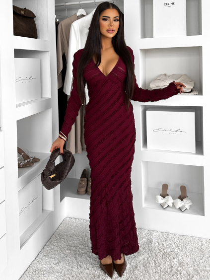 Vínové dlouhé šaty FAYMONT s dlouhým rukávem