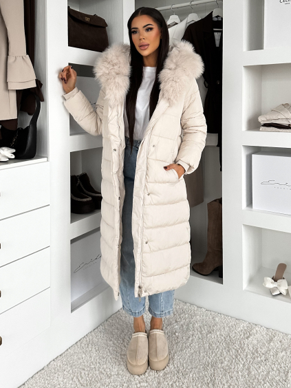 Krémová dlouhá bunda REWONA s kožíškem