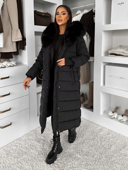 Černá dlouhá prošívaná bunda REWONA s kožíškem