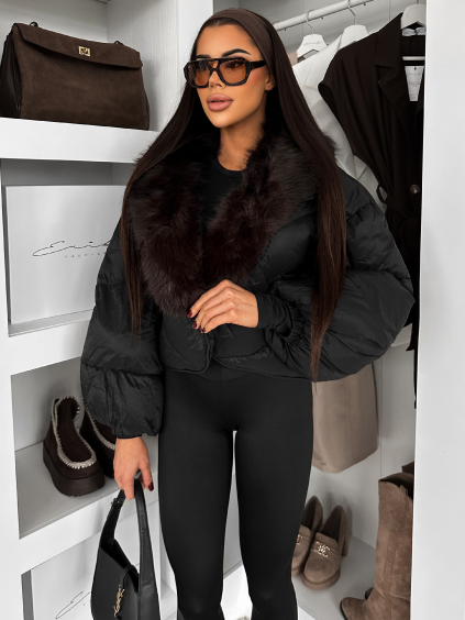 Černá zimní short bunda DRIXINA s kožíškem