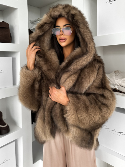 Hnědý faux fur krátký kožešinový kabátek ELUVION