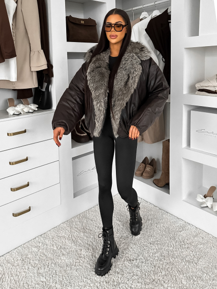 Tmavě hnědá koženková bunda NUVIRA s kožešinou