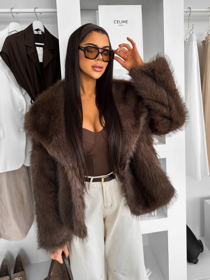 Tmavě hnědý kožešinový kabátek OSHARI