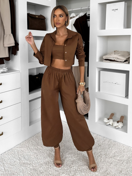 Hnědý bavlněný kalhotový komplet MOCHACA