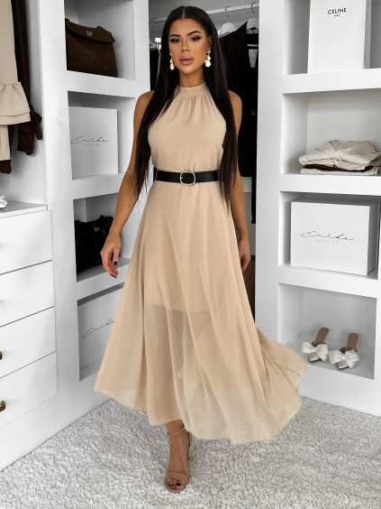 Béžové dlouhé šaty DLEGO s páskem