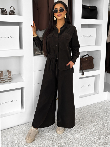 Tmavě hnědé manžestrové široké kalhoty VORELLE