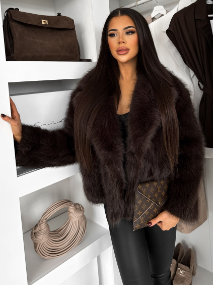 Tmavě hnědý faux fur huňatý kožešinový kabátek MORVEN