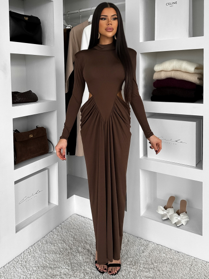 Hnědé společenské dlouhé šaty ESTAVION s průstřihy