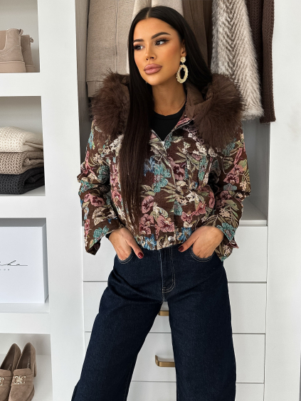 Hnědá elegantní bunda MORIVEN s velkými květy