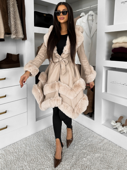 Krémový koženkový kabát SALMORO s kožešinkou