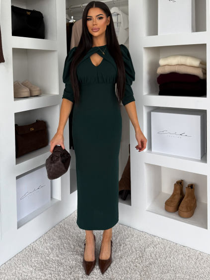 Smaragdové společenské midi šaty KYRAYA s rozparkem