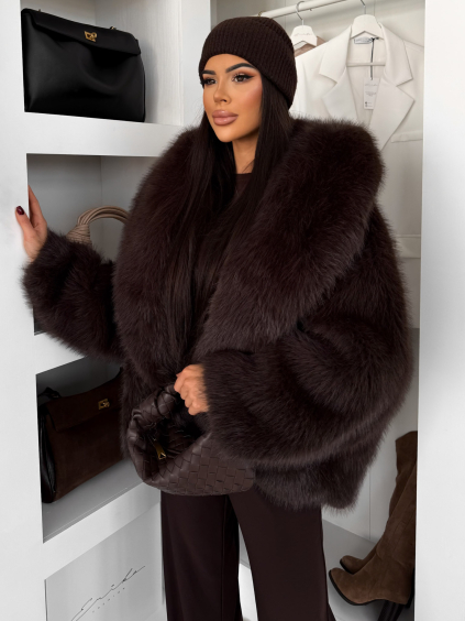 Tmavě hnědý faux fur kožešinový kabátek NOLIERO s kapucí