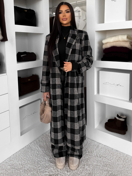 Černý kostkovaný dlouhý károvaný kabát OPHELYN