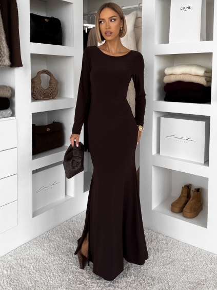 Hnědé dlouhé společenské šaty TAVOLIE s holými zády