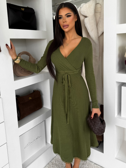 Khaki elegantní áčkové midi šaty TEYVORA s páskem