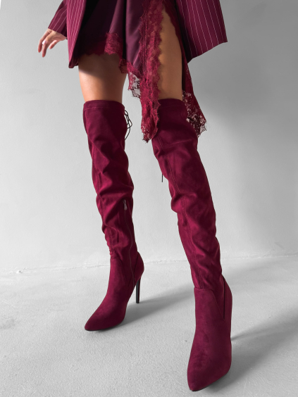 Vínové semišové nad kolena vysoké kozačky DARYANA na podpatku