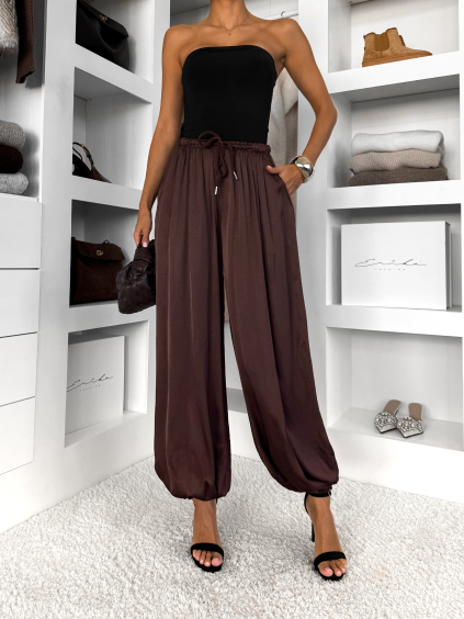 Tmavě hnědé saténové balónové kalhoty MAVOLY