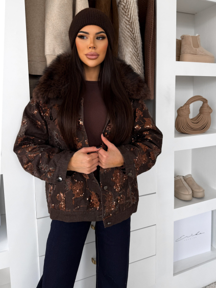 Tmavě třpytivá hnědá elegantní bunda OUTLAW s kožíškem