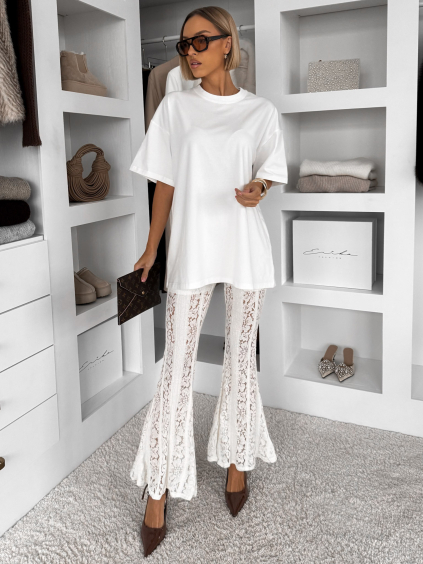 Krémové krajkové transparentní zvonové kalhoty FYNORIA